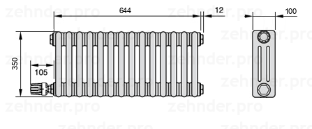 Схема (чертеж) Радиатор Zehnder Charleston 3035/14 №V003 Белый глянцевый RAL 9016